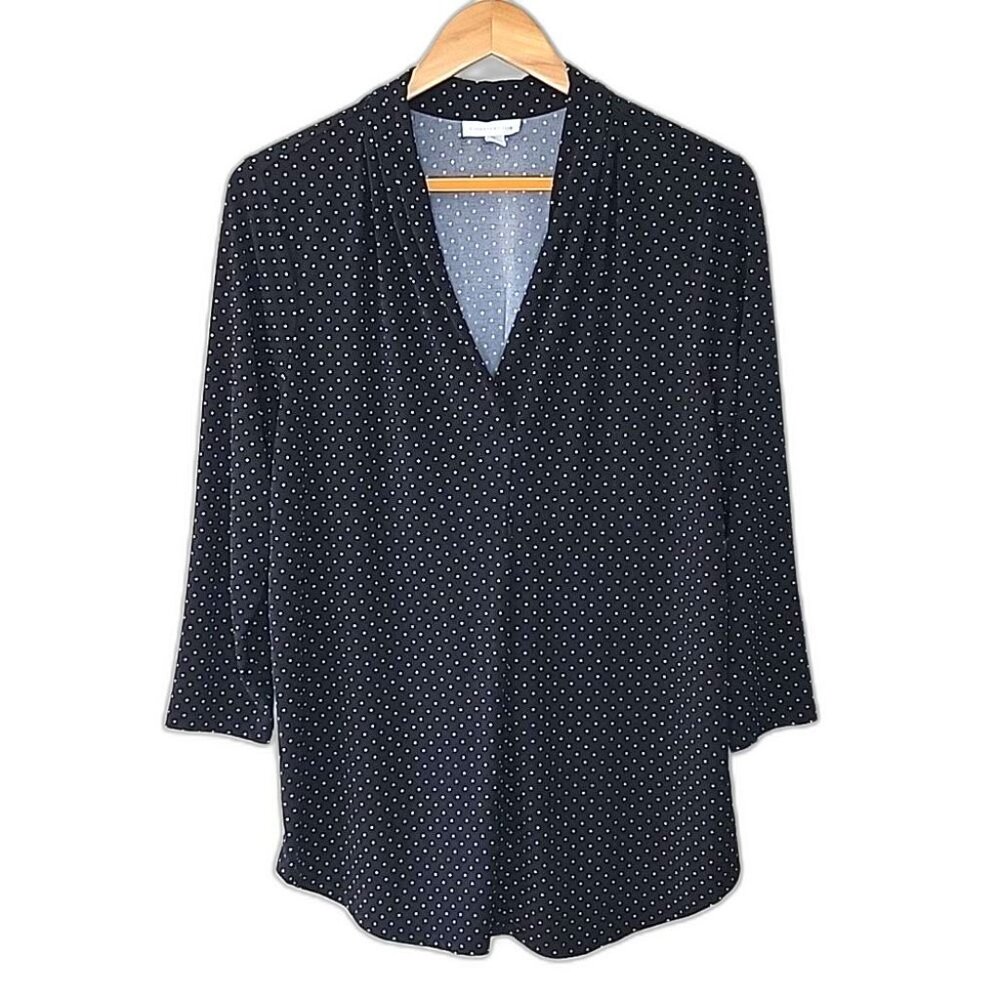 CHARTER CLUB Black White Polka Dot Long Sleeve V-Neck Blouse size L Office Moody